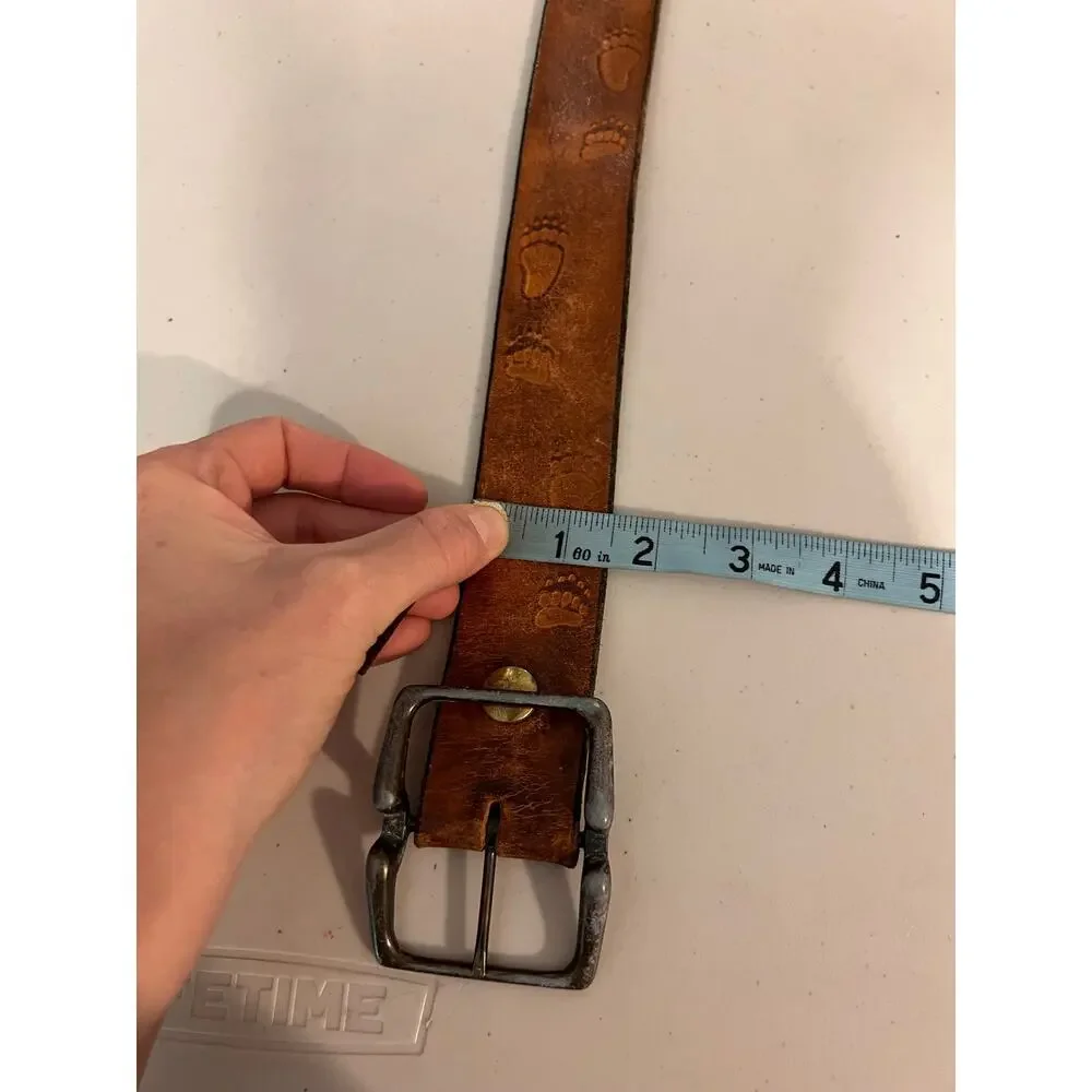 Vintage 90s Foot Print Distressed Genuine Leather Worn Buckle Belt Size Medium